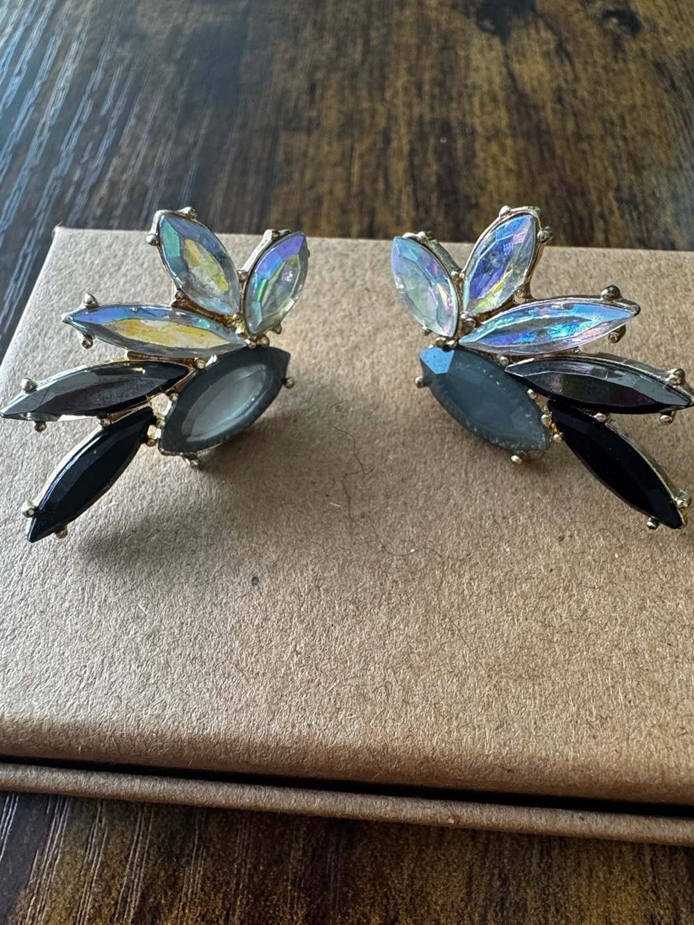 Gold-Tone Black and Iridescent Crystal Drop Earrings